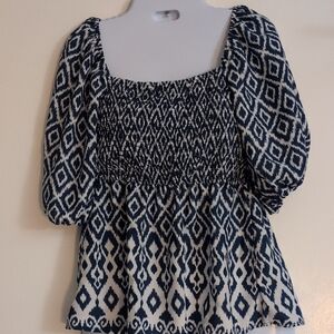 Navy and White Patterned Women's Top